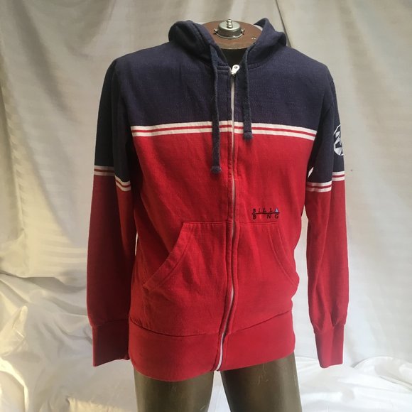 Billabong Sweater Hoodie Mens Small Red Blue Sweatshirt Skater Logo Stripe Zip - Picture 1 of 15